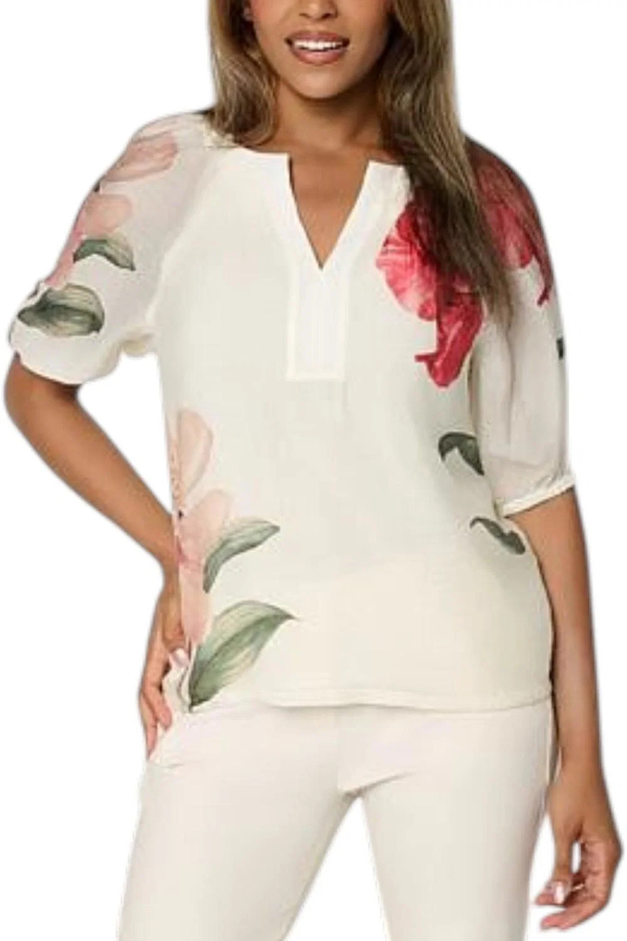 Jaclyn Smith Women's Split-Neck Pullover Blouse White Floral - Regular